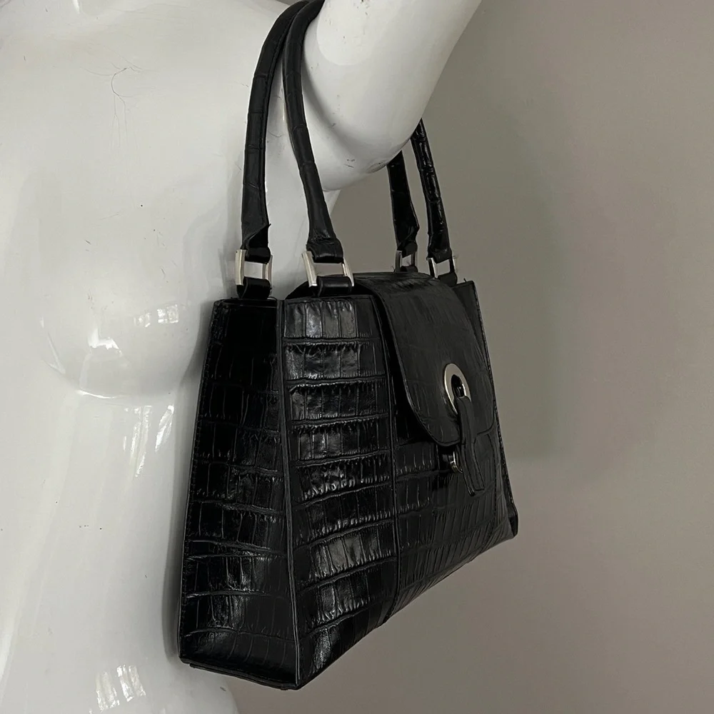 Bloomingdale’s Black Croc Embossed Leather Double Compartment Handbag